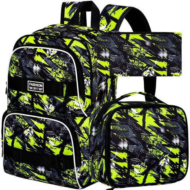 Main image of 3Pcs Boys Backpack, 17 Inches School Bookbag with Lunch Box, Graffiti Laptop Backpacks Set for Teens College Students(Green)