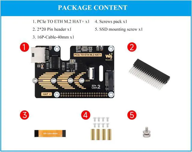 Alt view image 2 of 5 - PCIe to Gigabit Ethernet and M.2 Adapter HAT Compatible with Raspberry Pi 5, Pi 5 NVMe HAT Support 2280/2260/2242/2230 NVMe M.2 SSD, 5Gbps Data Rate, High-Speed Reading/Writing, No Driver Needed