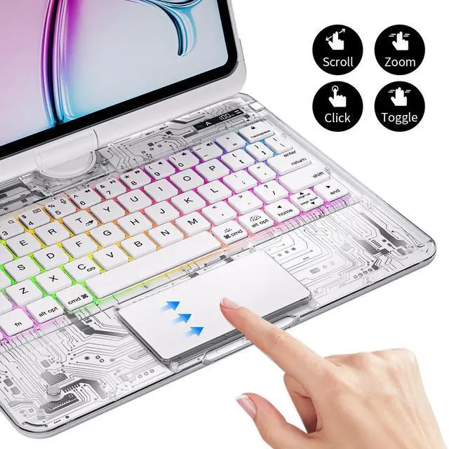 Alt view image 3 of 5 - Uminy iPad Keyboard Case for 10.2 inch 9th/8th/7th Gen - 360deg Rotating Stand with 7-Color Backlight Keyboard, Transparent Protective Cover, Multi-Touch Trackpad & Pencil Holder (White)