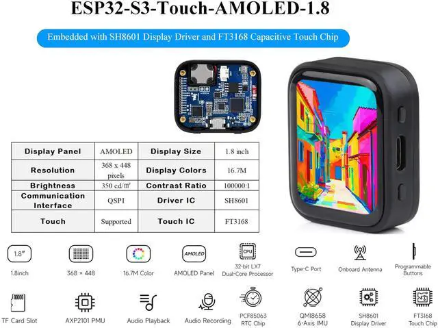 Alt view image 2 of 5 - UeeKKoo ESP32-S3 with 1.8inch AMOLED Touch Display Development Board, 32-bit LX7 Dual-Core Processor, 368x448 Pixels, Onboard Audio Codec, Support Offline Speech Recognition and AI Speech Interaction