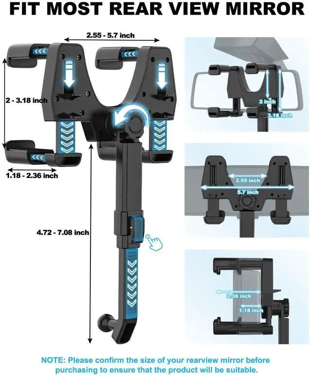 Alt view image 3 of 5 - Tablet Holder for Car Rearview Mirror - Upgraded Wider Clip [Large Mirrors Friendly] Rear View Mirror Tablet Car Mount, 360deg Rotatable and Retractable, for iPad Pro Air Mini, Galaxy, 4.7-13" Devices