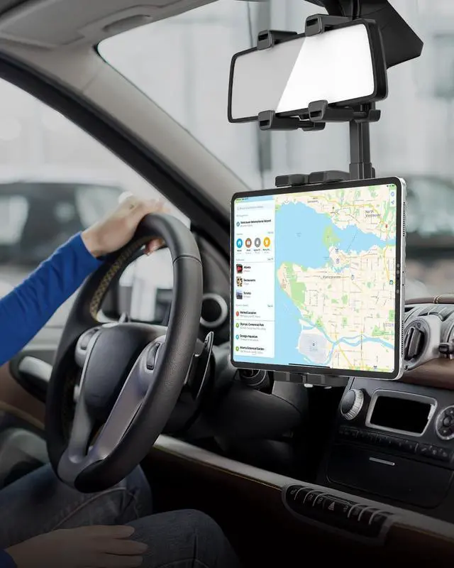 Alt view image 2 of 5 - Tablet Holder for Car Rearview Mirror - Upgraded Wider Clip [Large Mirrors Friendly] Rear View Mirror Tablet Car Mount, 360deg Rotatable and Retractable, for iPad Pro Air Mini, Galaxy, 4.7-13" Devices