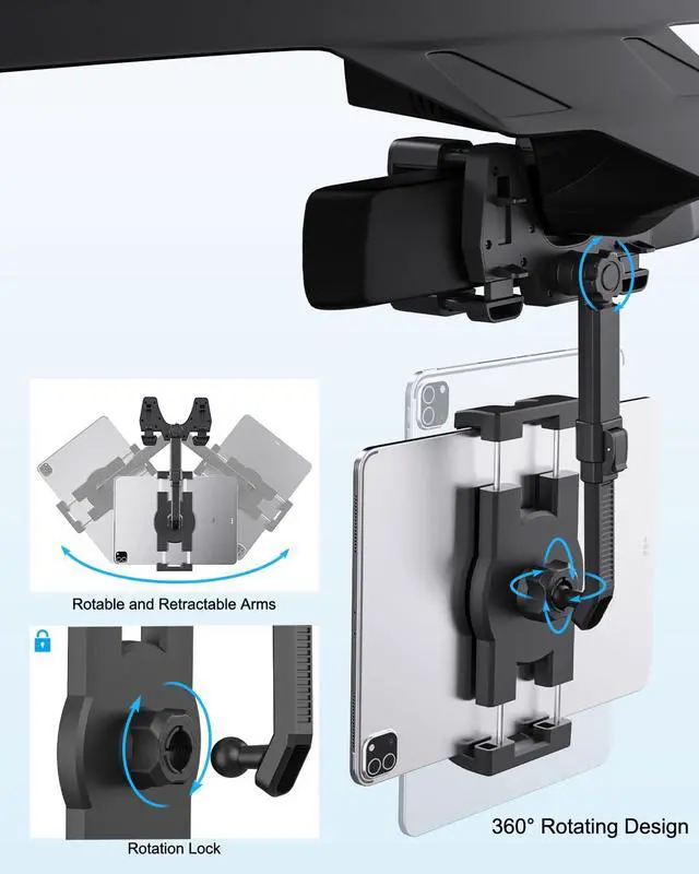 Alt view image 4 of 5 - Tablet Holder for Car Rearview Mirror - Upgraded Wider Clip [Large Mirrors Friendly] Rear View Mirror Tablet Car Mount, 360deg Rotatable and Retractable, for iPad Pro Air Mini, Galaxy, 4.7-13" Devices