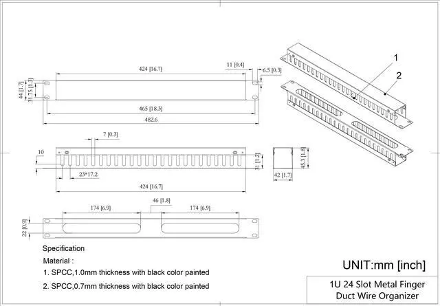 Alt view image 2 of 5 - QiaoYoubang 2 Pack 1U 19 Inch Cable Manager Horizontal Rack Mount 24 Slot Metal Finger Duct Wire Organizer with Cover and Mounting Screws for Server Rack, Black(24S2P)