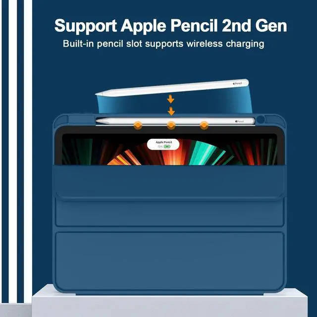 Alt view image 2 of 5 - ZryXal New iPad Pro 12.9 Inch Case 2022/2021/2020(6th/5th/4th Gen) with Pencil Holder,Smart iPad Case [Support Touch ID and Auto Wake/Sleep] with Auto 2nd Gen Pencil Charging (Navy Blue)