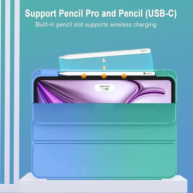 Alt view image 2 of 5 - ZryXal New iPad Air 13 Inch Case M2 2024 with Pencil Holder, Smart iPad Case [Support Pencil Pro and Pencil(USB-C)], Support Touch ID and Auto Wake/Sleep (Blue/Green)