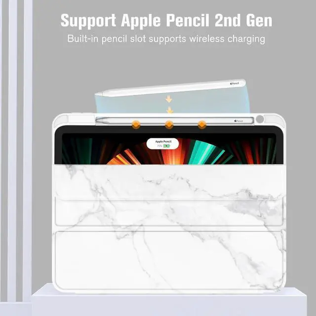Alt view image 2 of 5 - ZryXal New iPad Pro 12.9 Inch Case 2022/2021/2020(6th/5th/4th Gen) with Pencil Holder,Smart Case [Support Touch ID and Auto Wake/Sleep] with Auto 2nd Gen Pencil Charging (Marble White)