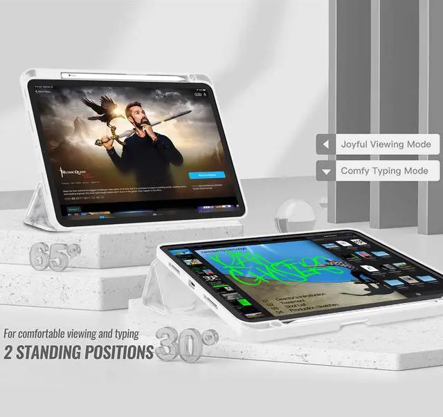 Alt view image 4 of 5 - ZryXal New iPad Pro 12.9 Inch Case 2022/2021/2020(6th/5th/4th Gen) with Pencil Holder,Smart Case [Support Touch ID and Auto Wake/Sleep] with Auto 2nd Gen Pencil Charging (Marble White)