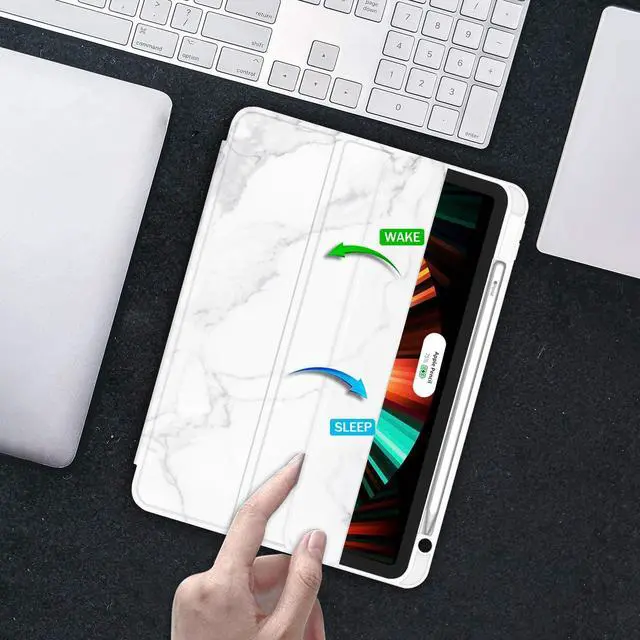 Alt view image 5 of 5 - ZryXal New iPad Pro 12.9 Inch Case 2022/2021/2020(6th/5th/4th Gen) with Pencil Holder,Smart Case [Support Touch ID and Auto Wake/Sleep] with Auto 2nd Gen Pencil Charging (Marble White)