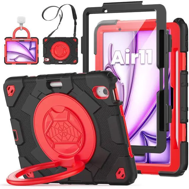 Main image of ZSLVPN Kids Case for iPad Air 11 Inch M3 2025/M2 2024 (Air 6th Generation): Shockproof Protective Case with 360deg Rotating Handle & Stand- Screen Protector- Shoulder Strap- Pencil Holder, Black/Red