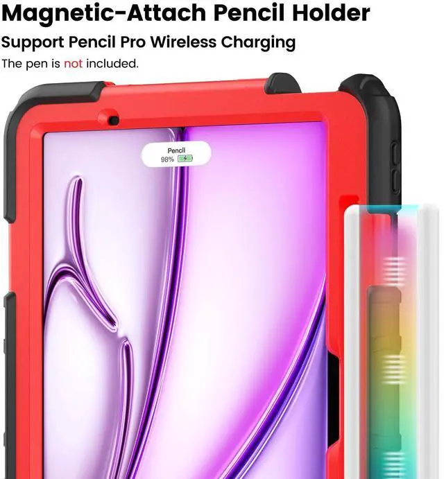 Alt view image 3 of 5 - ZSLVPN Kids Case for iPad Air 11 Inch M3 2025/M2 2024 (Air 6th Generation): Shockproof Protective Case with 360deg Rotating Handle & Stand- Screen Protector- Shoulder Strap- Pencil Holder, Black/Red