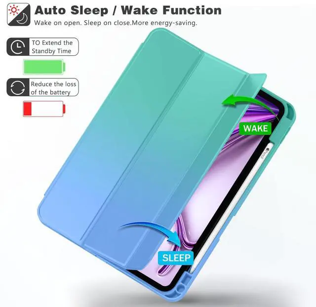 Alt view image 4 of 5 - ZryXal New iPad Air 13 Inch Case M2 2024 with Pencil Holder, Smart iPad Case [Support Pencil Pro and Pencil(USB-C)], Support Touch ID and Auto Wake/Sleep (Blue/Green)