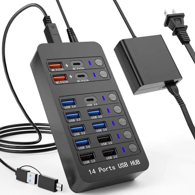 Main image of Zeroffi Powered USB Hub, 14 Ports USB Splitter Hub (10 Faster Data Transfer Ports+ 4 Smart USB Charging Port) USB Hub with LED Individual On/Off Switches for PC, Laptop, Desktop