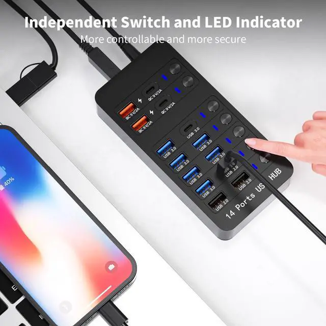 Alt view image 4 of 5 - Zeroffi Powered USB Hub, 14 Ports USB Splitter Hub (10 Faster Data Transfer Ports+ 4 Smart USB Charging Port) USB Hub with LED Individual On/Off Switches for PC, Laptop, Desktop