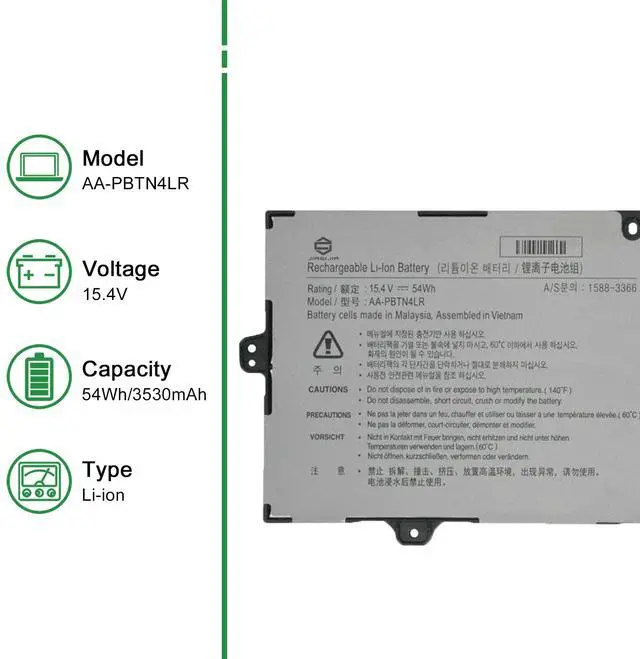 Alt view image 2 of 5 - JIAZIJIA AA-PBTN4LR Laptop Battery Replacement for Samsung Notebook 9 Pro NP940X3M NP940X5M NP940X5N Series Notebook Black 15.4V 54Wh 3530mAh