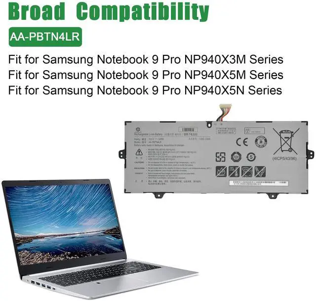 Alt view image 4 of 5 - JIAZIJIA AA-PBTN4LR Laptop Battery Replacement for Samsung Notebook 9 Pro NP940X3M NP940X5M NP940X5N Series Notebook Black 15.4V 54Wh 3530mAh