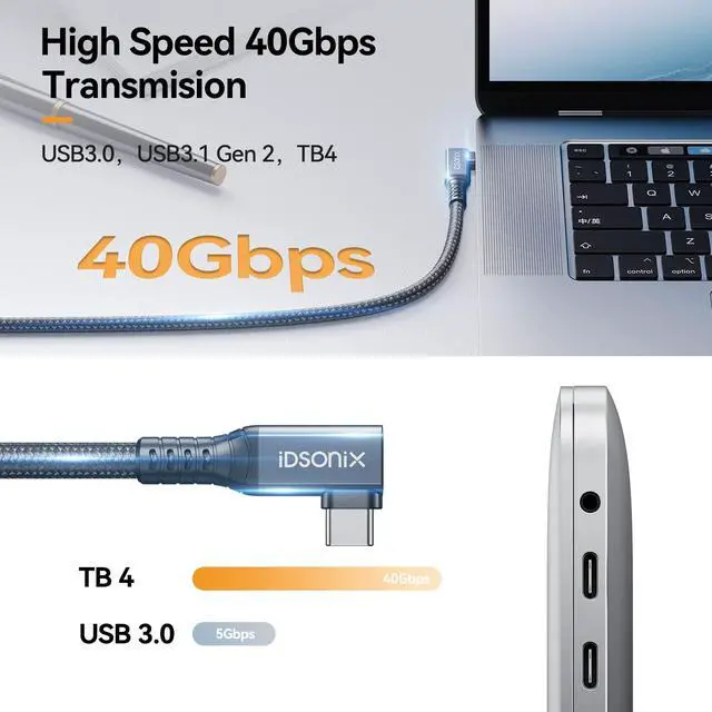 Alt view image 2 of 5 - iDsonix USB 4 Cable[USB-IF Certification] Compatible Thunderbolt 4 Cable 90 Degree 6.6Ft with 40Gbps Data Transfer, 8K@60Hz/Dual 4K Display, PD100W Charging for MacBook, iPad Pro, Mac Mini, Laptop SSD