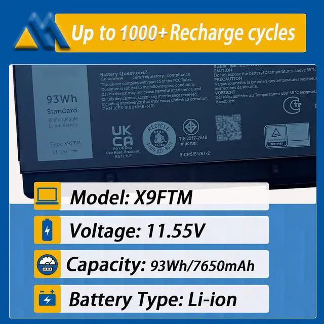 Alt view image 2 of 5 - Mobik 93Wh X9FTM Laptop Battery Compatible with Dell Precision 7770 7670 7680 7780 Series Notebook 0X9FTM 965V4 0965V4 5JMD8 05JMD8 RCVVT 0NWDC0 0X26RT 11.55V 7650mAh