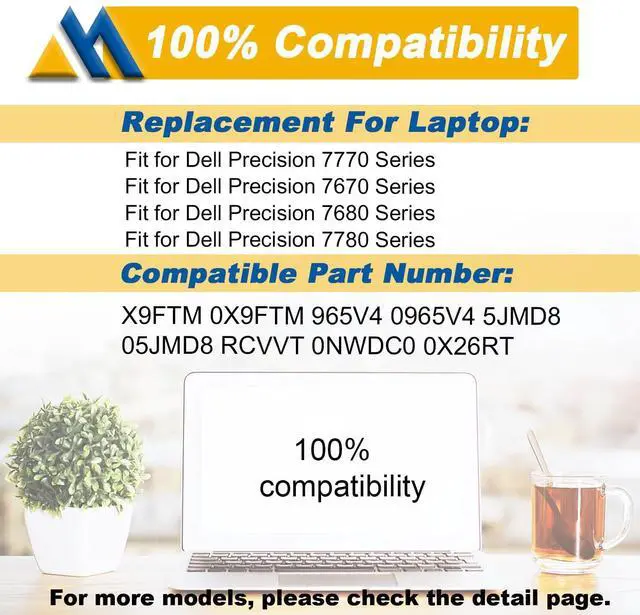 Alt view image 5 of 5 - Mobik 93Wh X9FTM Laptop Battery Compatible with Dell Precision 7770 7670 7680 7780 Series Notebook 0X9FTM 965V4 0965V4 5JMD8 05JMD8 RCVVT 0NWDC0 0X26RT 11.55V 7650mAh
