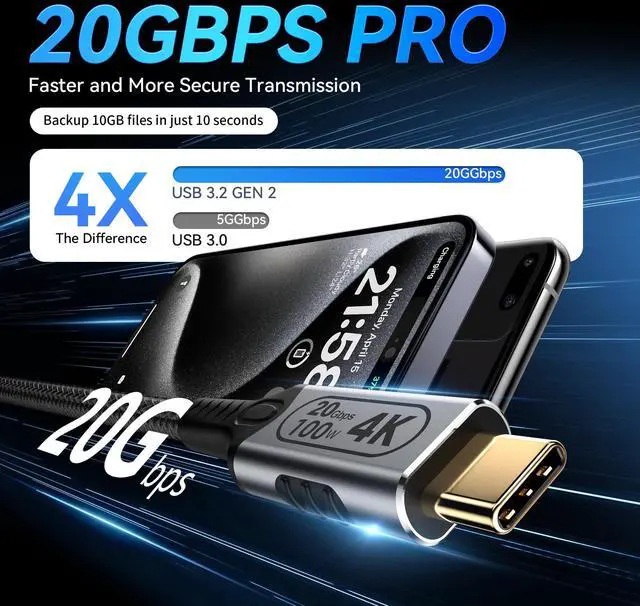 Alt view image 2 of 5 - BAWIOFIAU 20FT/6M USB-C to USB-C 20Gbps Cable, 4K@60Hz Video, 100W PD Fast Charging, Durable Braided Nylon