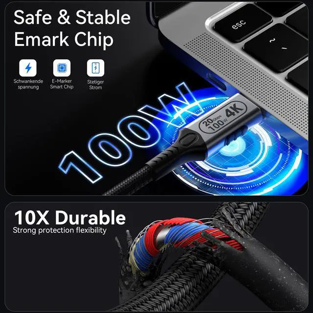 Alt view image 3 of 5 - BAWIOFIAU 20FT/6M USB-C to USB-C 20Gbps Cable, 4K@60Hz Video, 100W PD Fast Charging, Durable Braided Nylon