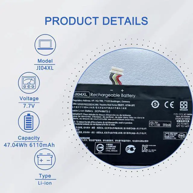 Alt view image 2 of 5 - JOTACT JI04XL HSTNN-UB7E Laptop Battery Compatible with Hp Elite X2 1012 G2 G2-1LV76EA Series 901247-885 901307-541 HSN-107C HSTNN-DB81 HSTNN-UB7E JI04047XL 7.7V 47.04Wh/6110mAh 4 cell