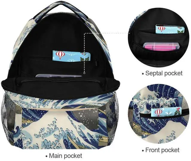 Alt view image 3 of 5 - WIHVE School Backpack Great Wave Kanagawa Bookbag Travel Ruckack One_Size