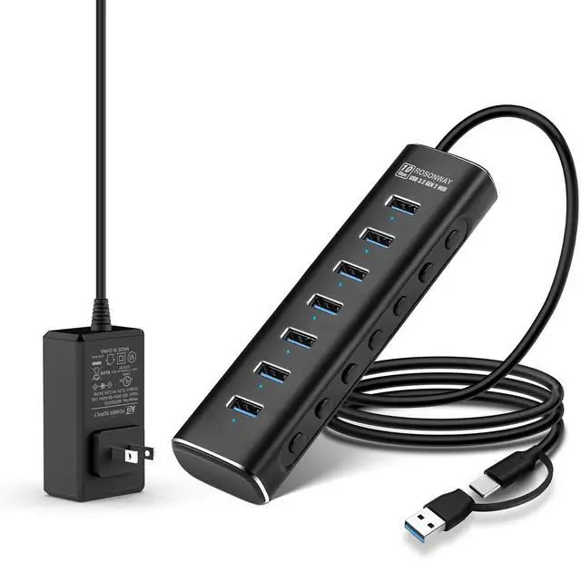 Main image of Powered USB Hub, Rosonway 7 Ports USB 3.1/3.2 Gen 2 Hub 10Gbps with 3.3ft USB-A/USB-C Data Cable, Individual Switches and 24W Power Adapter, Aluminum USB C Hub for Laptop and PC, RSH-A107