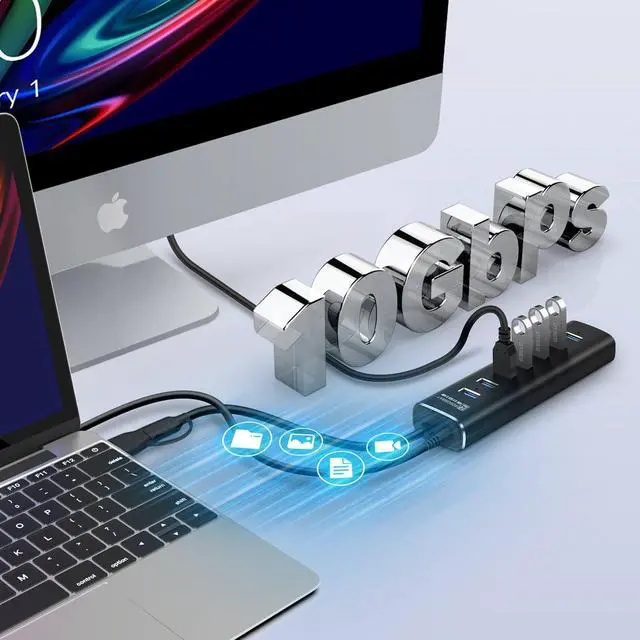 Alt view image 2 of 5 - Powered USB Hub, Rosonway 7 Ports USB 3.1/3.2 Gen 2 Hub 10Gbps with 3.3ft USB-A/USB-C Data Cable, Individual Switches and 24W Power Adapter, Aluminum USB C Hub for Laptop and PC, RSH-A107