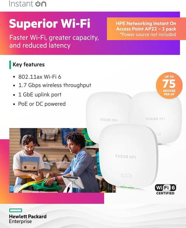 Alt view image 3 of 5 - HPE Networking Instant On Access Point AP22 2x2 WiFi 6 Indoor Wireless Access Point (3 Pack) | Long Range, Secure, Smart Mesh Support | Power Source Not Included | US Model (R4W01A-3PACK)