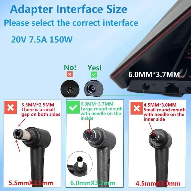 Alt view image 4 of 5 - 150W Charger for Asus TUF Gaming A15-FA506 A17-FA706 FX505DT FX505GT FX705GT,Laptop Charger Asus 150w ROG Strix G531GD G531GT G731GT,ADP-150CH B A18-150P1A