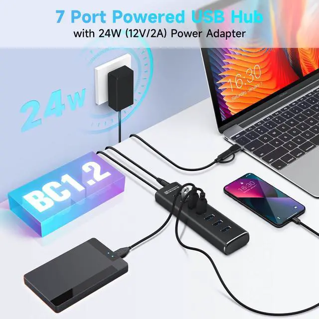 Alt view image 3 of 5 - Powered USB Hub, Rosonway 7 Ports USB 3.1/3.2 Gen 2 Hub 10Gbps with 3.3ft USB-A/USB-C Data Cable, Individual Switches and 24W Power Adapter, Aluminum USB C Hub for Laptop and PC, RSH-A107