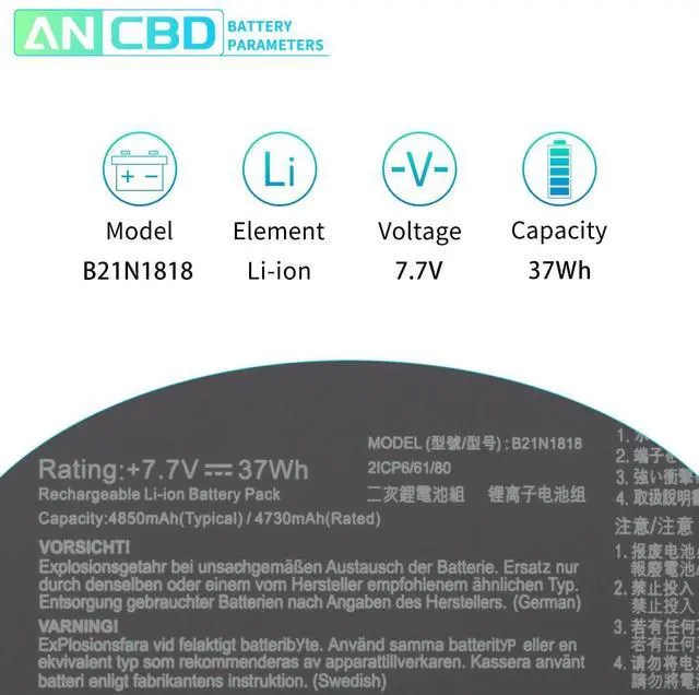 Alt view image 2 of 5 - ANCBD B21N1818 Laptop Battery Replacement for Asus Vivobook 17 X712 X712FA A712 D712 F712 K712 M710 M712 P1701 R710 R712 R754 S710 S712 Series 7.7V 37Wh/4850mAh