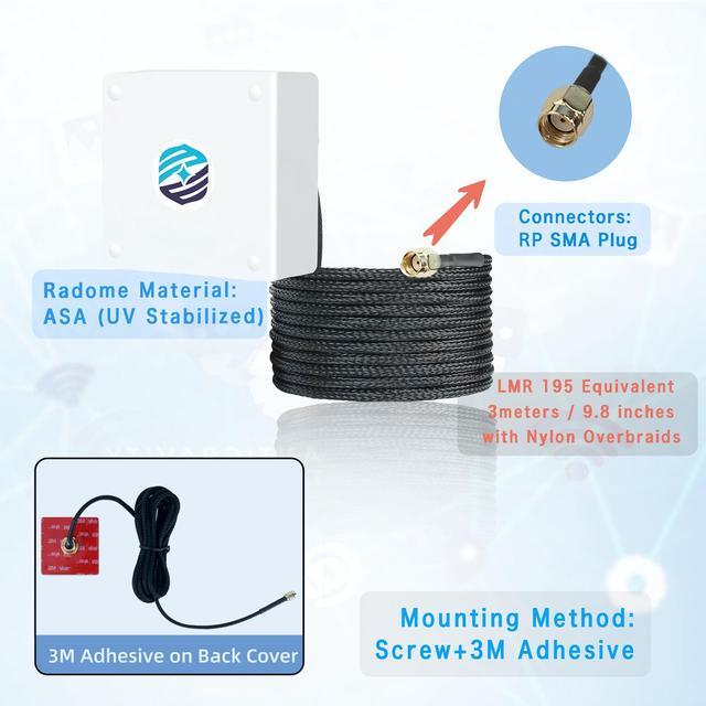 Alt view image 4 of 5 - Maswell WiFi 6E Antenna 2.1-7.2 GHz Screw and 3M Adhesive Mount IP67 9.8 inches with Nylon overbraids Cable for WiFi 5 WiFi 6 WiFi 6E Wimax Bluetooth Zigbee Outdoor IoT Antenna, NOT for Boosting