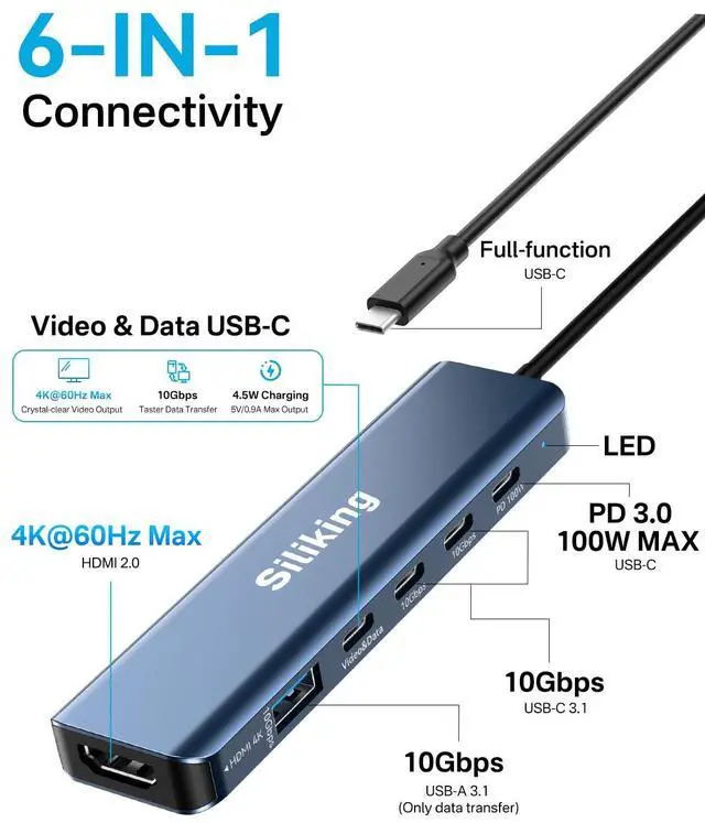 Alt view image 2 of 5 - Siliking USB-C Docking Station Dual Monitor 4K@60Hz HDMI+USB-C Video Output Port,10G USB A/C,100W PD, USB C Splitter Adapter, USBC to HDMI Dual Monitor for Windows/MacOS,MacBook air