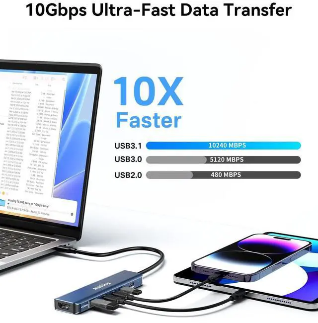 Alt view image 5 of 5 - Siliking USB-C Docking Station Dual Monitor 4K@60Hz HDMI+USB-C Video Output Port,10G USB A/C,100W PD, USB C Splitter Adapter, USBC to HDMI Dual Monitor for Windows/MacOS,MacBook air