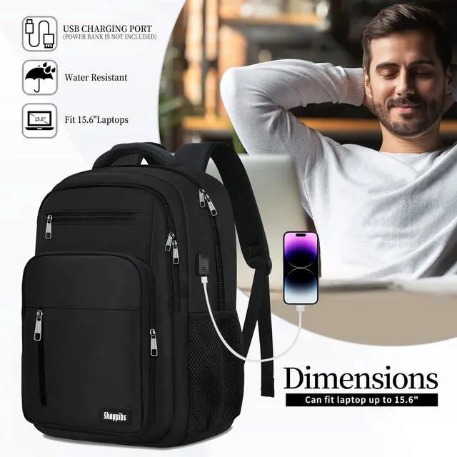 Alt view image 3 of 5 - Skaypibs Black Backpack for Men Women, School Backpack for Boys Girls Teens, 15.6 Inch Laptop Backpacks with USB Port, Water Resistent Book bag, Work College Bookbag, back pack, Mochila para hombre