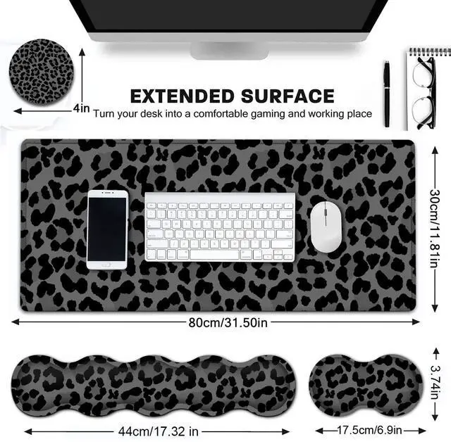 Alt view image 2 of 5 - Ergonomic Keyboard Wrist Rest and Large Gaming Mouse Pad with Non-Slip Base, for Home Laptop Office Desk Pad,31.5x11.8 Big Desk Mat Black Leopard Print Pattern Mouse Pad with Wrist Supprot