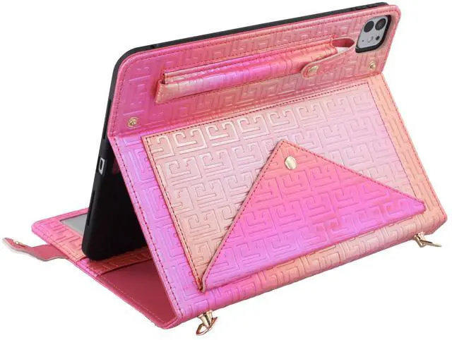 Alt view image 2 of 5 - Shiny Case for iPad Pro 12.9" 6th/5th/4th Gen & iPad Air 13-inch Handbag w/Hand Strap, Techcircle Crossbody Iridescent Folio Stand Wallet Case w/Pencil Holder+Shoulder Strap, Shiny Rose Pink