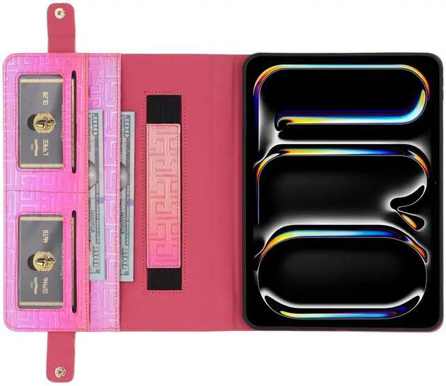 Alt view image 4 of 5 - Shiny Case for iPad Pro 12.9" 6th/5th/4th Gen & iPad Air 13-inch Handbag w/Hand Strap, Techcircle Crossbody Iridescent Folio Stand Wallet Case w/Pencil Holder+Shoulder Strap, Shiny Rose Pink