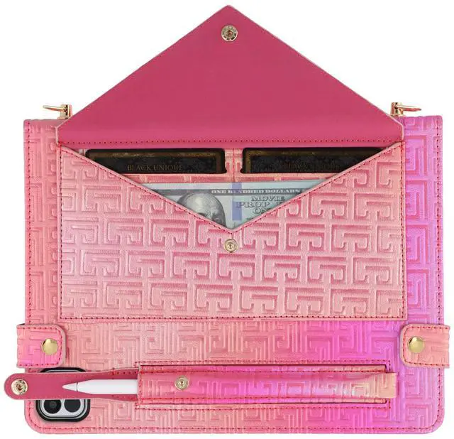 Alt view image 3 of 5 - Shiny Case for iPad Pro 12.9" 6th/5th/4th Gen & iPad Air 13-inch Handbag w/Hand Strap, Techcircle Crossbody Iridescent Folio Stand Wallet Case w/Pencil Holder+Shoulder Strap, Shiny Rose Pink