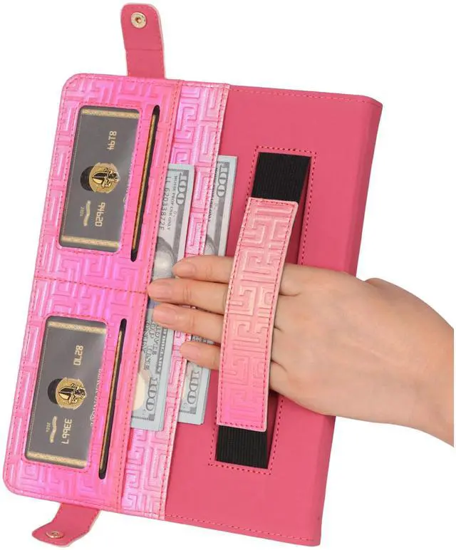 Alt view image 5 of 5 - Shiny Case for iPad Pro 12.9" 6th/5th/4th Gen & iPad Air 13-inch Handbag w/Hand Strap, Techcircle Crossbody Iridescent Folio Stand Wallet Case w/Pencil Holder+Shoulder Strap, Shiny Rose Pink