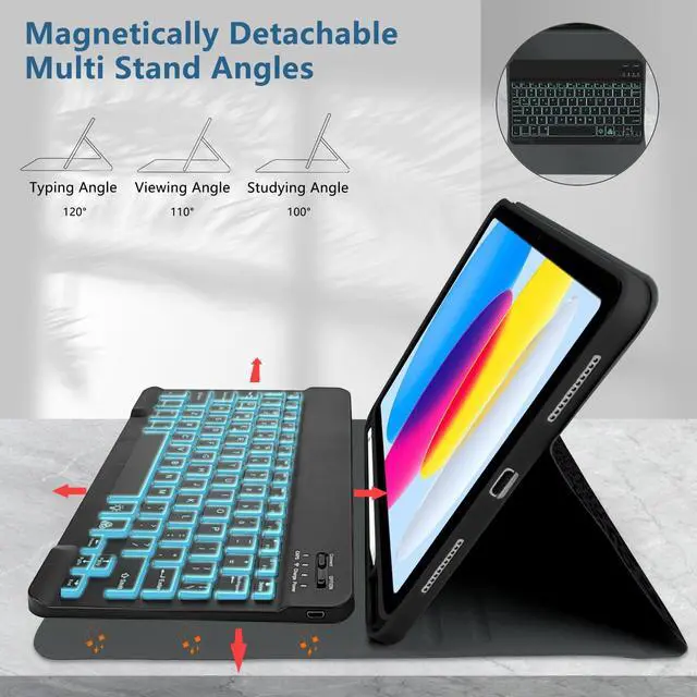 Alt view image 3 of 5 - TopPerfekt for Bluetooth Keyboard iPad 10th Gen 10.9 inch (2022) case iPad (A16) 11th/ 10th Gen Case 11'' (2025) with 7-Color Backlights, Pencil Holder, Detachable, Rechargeable-noteLeopard Black