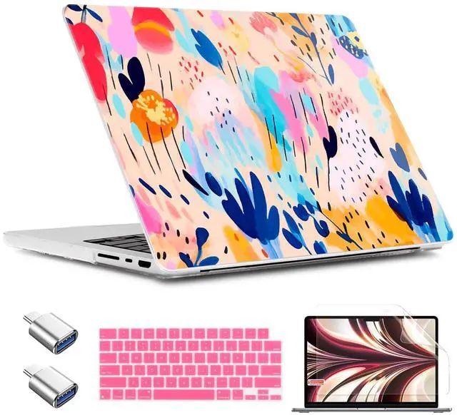 Main image of TWOLSKOO Compatible with M4 MacBook Pro 14 inch Case 2024-2021 Release Chip Models M4 M3 M2 M1 Pro Max, Plastic Hard Shell & Keyboard Cover & Type C Adapter, & Screen Protector, Bright Abstract Floral
