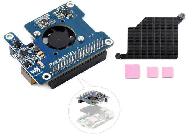 Main image of POE HAT F for Raspberry Pi 5/Compute Module 5, Pi5 Power Over Ethernet HAT with Onboard Cooling Fan and Metal Heatsink, Supports 802.3af/at Network Standard, 40PIN GPIO Stack Header to Add Other HAT