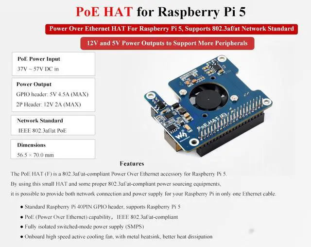 Alt view image 3 of 5 - POE HAT F for Raspberry Pi 5/Compute Module 5, Pi5 Power Over Ethernet HAT with Onboard Cooling Fan and Metal Heatsink, Supports 802.3af/at Network Standard, 40PIN GPIO Stack Header to Add Other HAT