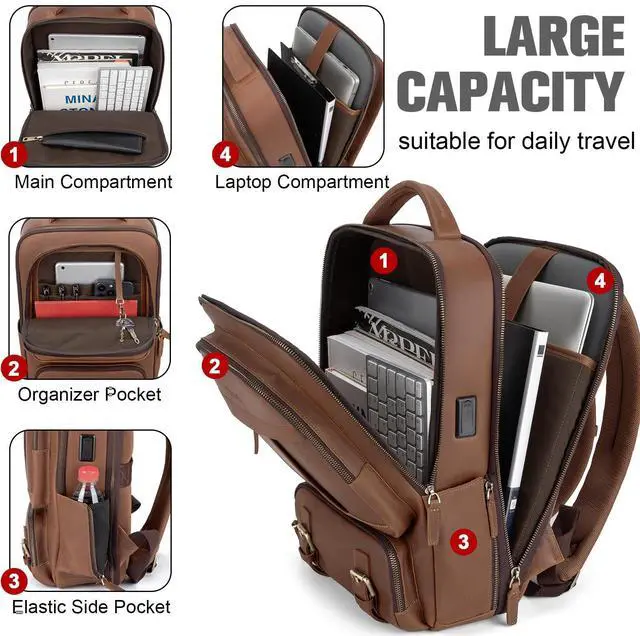 Alt view image 2 of 5 - Tzowla Leather Laptop Backpack, Bag for Men and Women,Business Travel Work Rucksack Fits 15.6 Inch Laptop, Bookbag with USB and Type-C Charging Port-Brown