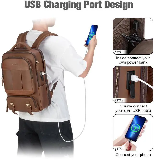 Alt view image 3 of 5 - Tzowla Leather Laptop Backpack, Bag for Men and Women,Business Travel Work Rucksack Fits 15.6 Inch Laptop, Bookbag with USB and Type-C Charging Port-Brown
