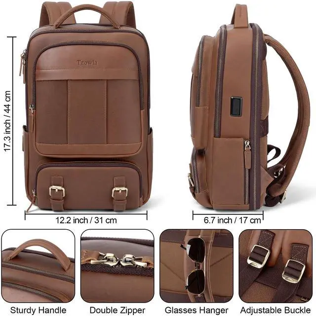 Alt view image 4 of 5 - Tzowla Leather Laptop Backpack, Bag for Men and Women,Business Travel Work Rucksack Fits 15.6 Inch Laptop, Bookbag with USB and Type-C Charging Port-Brown