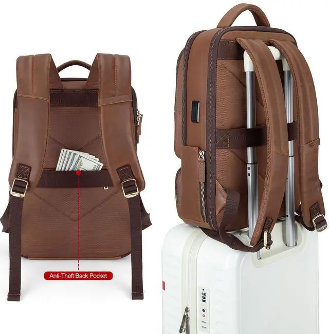 Alt view image 5 of 5 - Tzowla Leather Laptop Backpack, Bag for Men and Women,Business Travel Work Rucksack Fits 15.6 Inch Laptop, Bookbag with USB and Type-C Charging Port-Brown
